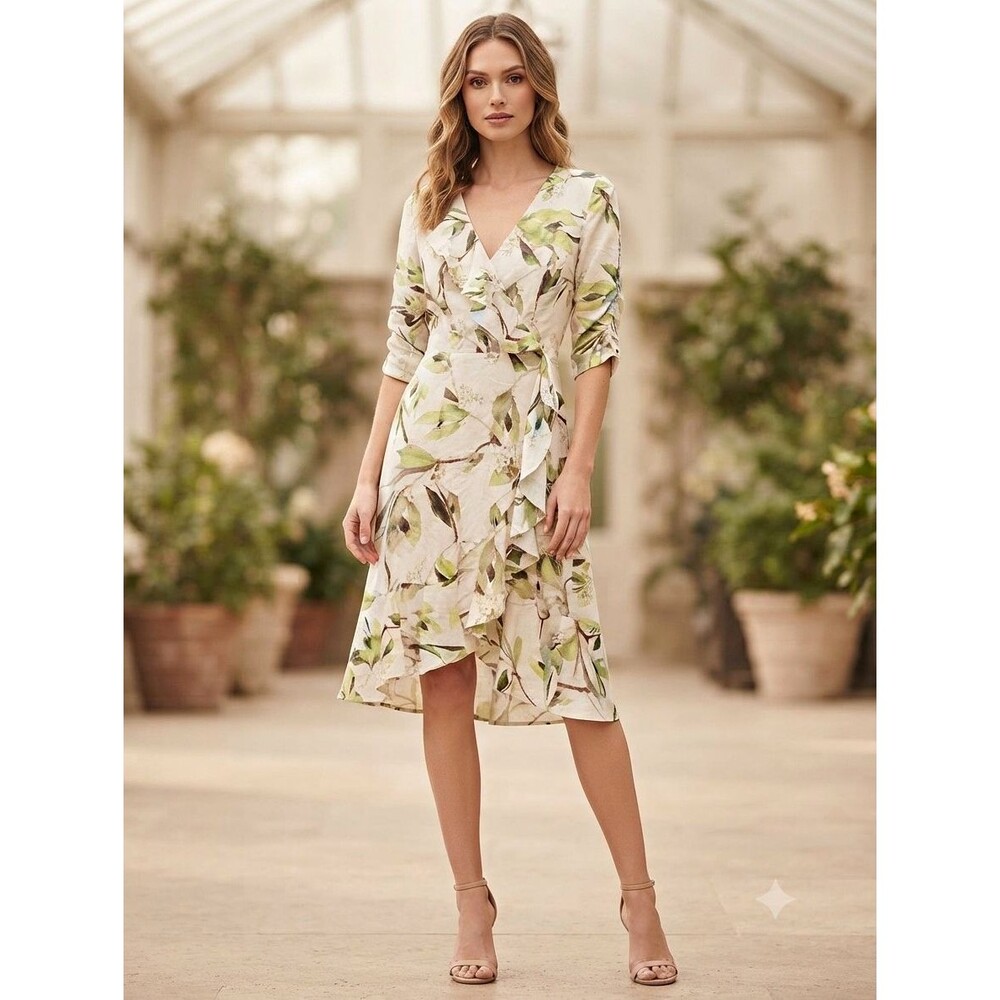 Adrianna Papell White And Green Floral Wrap Ruffle Dress